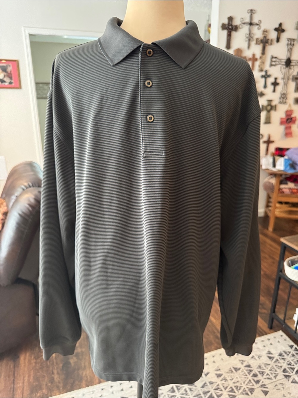 Men's Long Sleeve Grand Slam Textured Polo Shirt - Charcoal Gray